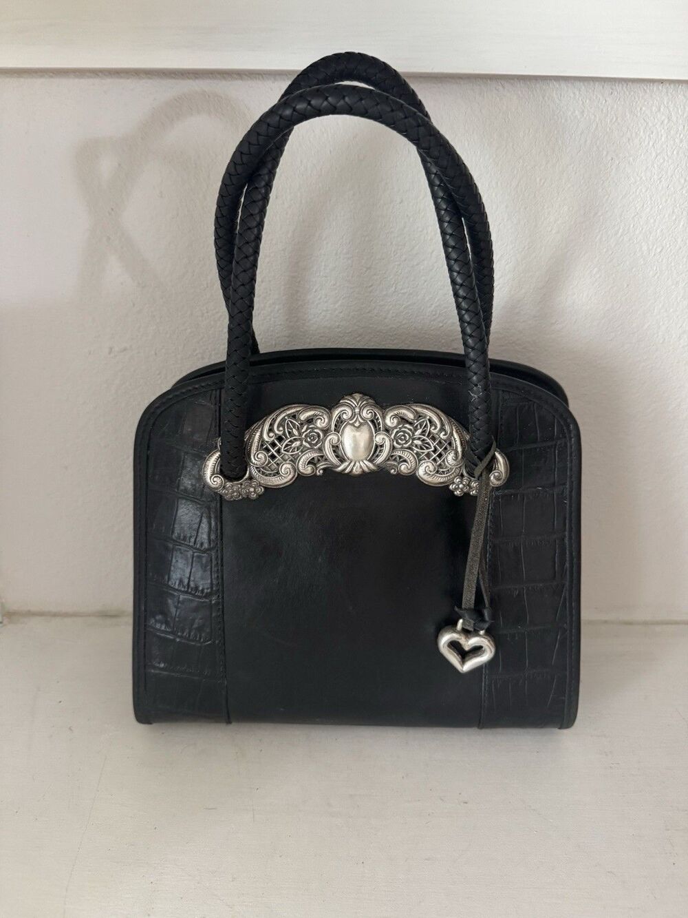 Brighton Chantilly Black Leather Croc Satchel Handbag Purse Tote W/Pewter  Charm